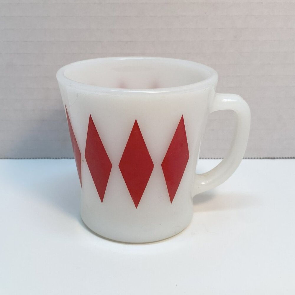 Fire King Anchor Hocking Mug 8 oz Vintage Milk Glass Red Diamonds / Harlequin